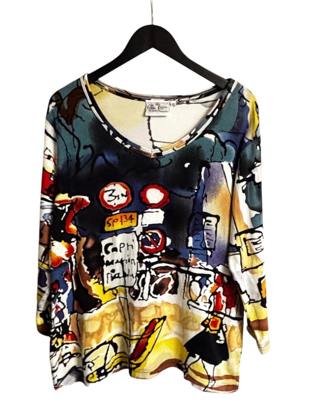 Abstract Print V-Neck Long Sleeve Top - Multi Color